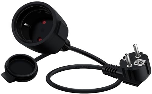 HuaLiSiJi Cable D'extension Schuko Coudé 16A 250V Mini Rallonge Electrique Rallonge électrique Courte Schuko 2 AC Prise IP44 pour Utilisation Extérieure ou Intérieure (Noir, 1.5m)