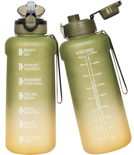 Khusiya Sports Tritan Water Bottle 2l with Straw & Time Markings, Large Motivational Daily Drinking Bottle with Strap for Gym, Travel, 2 Lids, 2 Litre