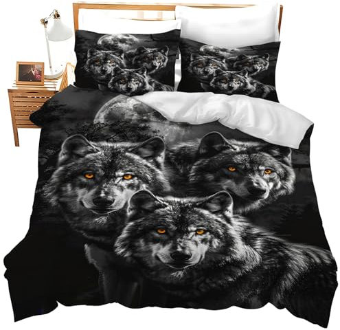 jerkboo Wolf-Bettwäsche-Set mit Wolfs-Motiv, für Doppelbett, Queen-Size-Bett, Bettdeckenbezug für Kinder, Erwachsene, Herren, Damen, Wolf-Thema, Bettbezug, dekorativ, weiches Bettwäsche-Set mit 2