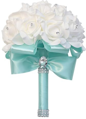 Brautstrauß mit Strass, Hochzeit Blumenstrauß Braut Brautjungfer Brautjungfern Bouquet ø18CM Blumensträusse Hochzeit Künstlich Silk Blume für Hochzeit, Fotoshooting (1-Hellblau,ø18x24CM)