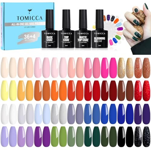 TOMICCA 42PCS UV Nagellack Herbstfarben Set, 36 Farben Gel Nagellack & 4PCS Base Top Coat Set mit Blooming Gel & 2PCS Rund Nagel Display Nagel Tip Ausstellung, für Nagelstudio und DIY Home