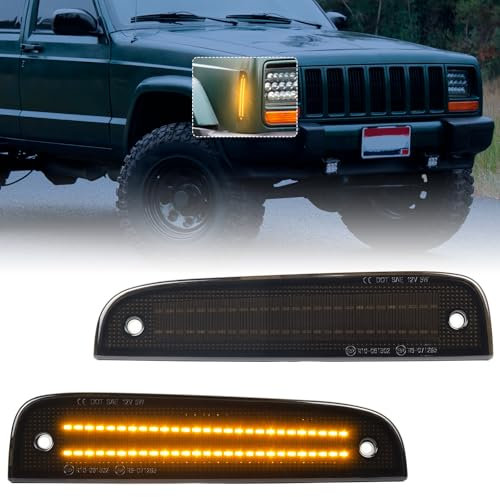 FetonAuto 𝟐𝐏𝐂𝐒 𝐔𝐩𝐠𝐫𝐚𝐝𝐞 LED Front Side Marker Lights for Jeep Cherokee XJ Chassis 1997-2001 Bumper Corner Parking Signal Accessories, Smoked Black Lens Amber Lighting