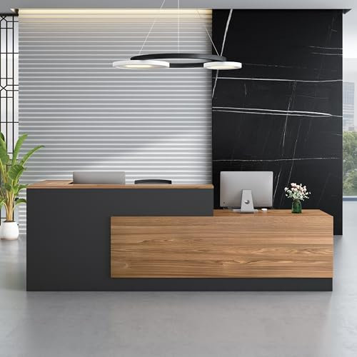 Moderner Empfangstresen, L-förmiger, großer Holz-Schreibtisch für gewerbliche Rezeptionisten, Empfangstresen mit Theke, abschließbare Schubladen, Türschrank und Rezeptionstheke (europäische Eiche,
