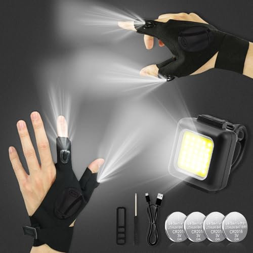UoQo Economicalk Flashlight Gloves for Men, LED Light up Glove Finger Lighting Gloves with Night Lights for Dad Husband Gift, Reusable Fingerless Flashlights for Fishing Lover