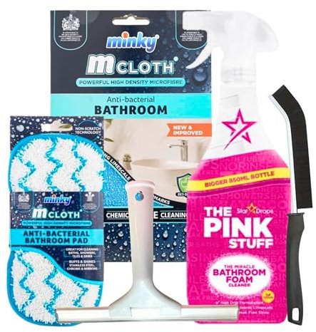 Bathroom Cleaning Bundle With Ferwizz Squeegee and Crevice Brush and Pink Stuff Miracle Bathroom Foam 850ml and Minky Cleaning Cloth & Pad