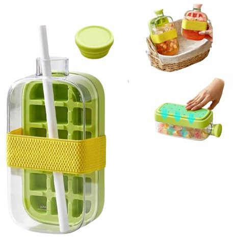 Ice Cube Bottle with Straw,2 in 1 Water Bottle Ice Cube Tray with Lid, 800ml Ice Cube Making Bottle Ice Making Freezer Coffee Juice Beverages Rope (A)