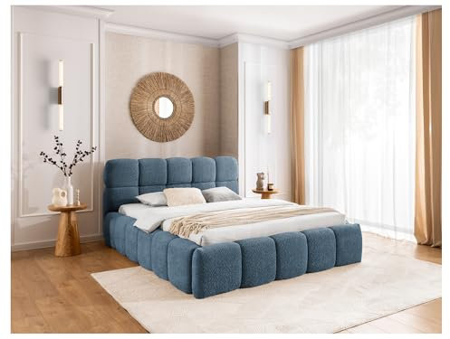 MEBLINI Salerno Polsterbett 140x200 mit Lattenrost und Matratze - Bubble Bett - Cloud - Marshmallow Bed - Kopfteil Bett mit Stauraum - Betten - 140x200 - Blau Boucle/H3