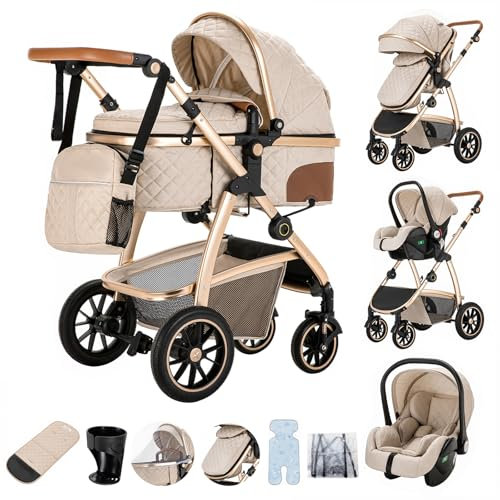 Zkiprm Kinderwagen 3 in 1, Reisesystem mit Autositz, Buggy mit verstellbaren Armlehnen, Kombikinderwagen mit Regenpolster, Moskitonetz, Aluminiumrahmen, Straßenwagen für 0-4 Jahre, Weiß