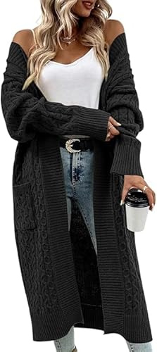 Saodimallsu Cardigan long en tricot épais pour femme, ample, léger, élégant, décontracté, uni, ouvert sur le devant, avec poches, Noir , L