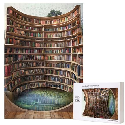 Library Bookshelf Books Printed Jigsaw Puzzle with Storage Box, Wooden Puzzle for Adults and Kids, 300 Pieces Family Fun Decorative Game