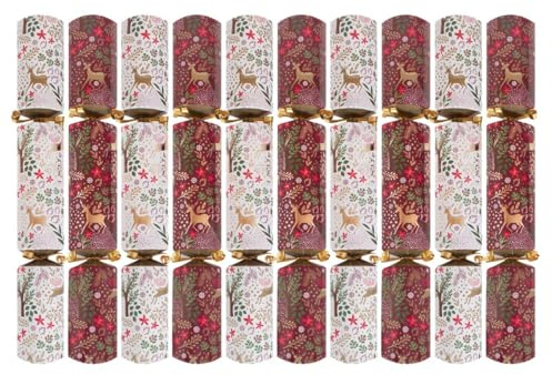 Pack of 10 Burgundy Gold White Luxury Christmas Crackers - 14 Metallic Festive Reindeer Foliage Xmas Holiday Dinner Table Decorations - Novelty Fun Prizes Gifts Contains Hats Jokes