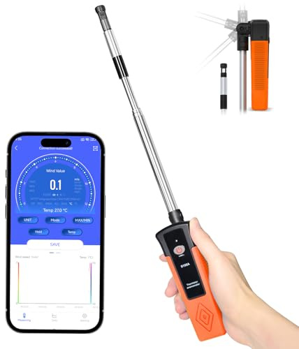 SURLABA Hitzdraht-Anemometer, XF-9100A CFM Luftgeschwindigkeitsmesser Bluetooth-APP-Verbindung, Outdoor-Windgeschwindigkeitsmesser mit Teleskopsonde Thermisches Anemometer für HVAC, Drohnen, Segeln