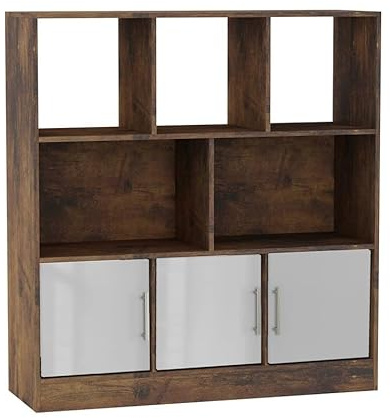 URBNLIVING Rustic Brown 8 Cube Asymmetrical Bookcase – Freestanding Storage Unit with 3 Doors - Gloss Doors - White