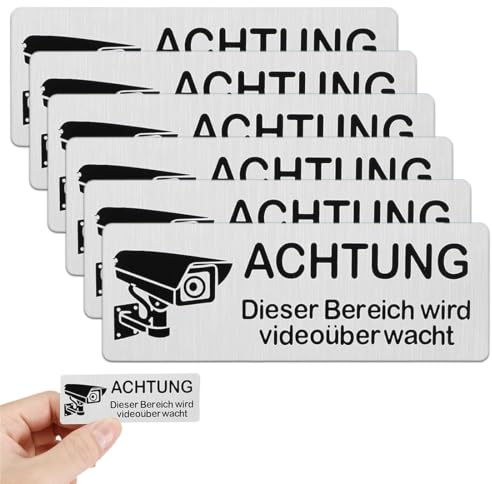 Cartel Videovigilancia, 6 Piezas, Placa zona videovigilada, Señal Alarma Disuasoria, Entrada Vigilada, Cartel Aviso Policia, Carteles Alarma para Interior y Exterior, 8,5 cm x 3 cm