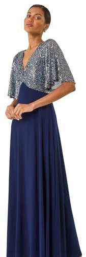Roman Originals Sequin Flutter Sleeve Midi Dress for Women UK - Ladies Everyday Autumn Winter V-Neckline Comfy Soft Evening Vacation Work Party Night Out - Navy - Size 18