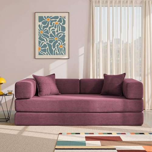YINIX Faltbares Schlafsofa 200cm Breite XXL Bett, Modulares Bodensofa, Cord Wolkensofa mit Metallrahmen, 3 Sitzer Gästebett Klappbar, rutschfest, Waschbar (Bordeaux, 200cm (3-Sitzer))