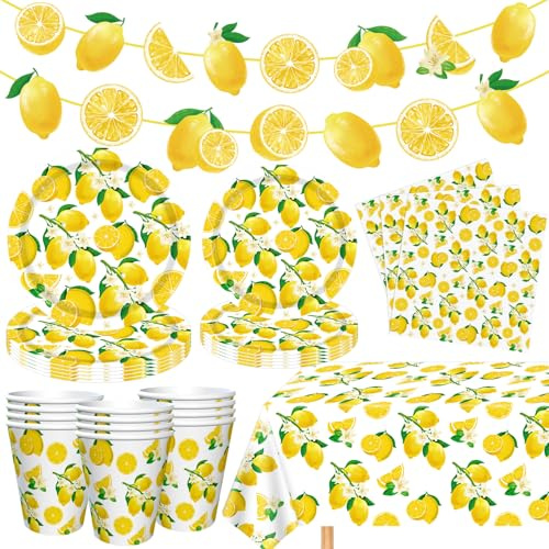 83 piezas de decoración para fiestas con temática de limones. Artículos para fiestas de cumpleaños con temática de limones Vajilla con temática de limonada Para 20 comensales.