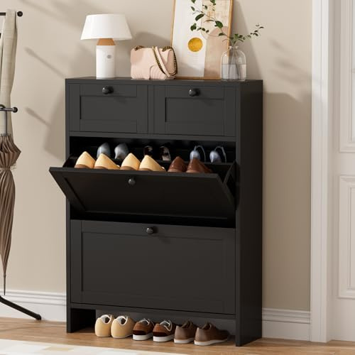 VOWNER Schuhschrank Schuhkipper Schmal 80x24x110cm (Schwarz) | Schuhregal mit 2 Klappfächern & Anti-Kipp-Vorrichtung für Eingangsbereich & Flur