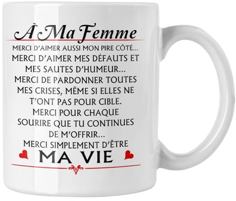 Vulfire Tasse À ma Femme Cadeau anniversaire Idée originale Idées cadeaux pour elle pour Noël Mariage, Saint-Valentin, Anniversaire Dédiée spéciale Petit-déjeuner Cuisine (blanc)