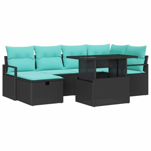 vidaXL Garten-Sofa-Set mit Kissen 7 pcs Schwarz Poly Rattan, Garten- und Terrassen-Sofaset, Moderne Outdoor-Möbel aus langlebigen, UV-beständigen Materialien, leichtes Design