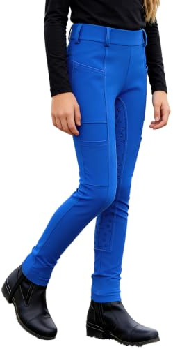 Yruioon Ridbyxor för barn, flickor, ridbyxor, leggings, hög midja, ridleggings med sidofickor, silikon, fitness, sportbyxor, träningsbyxor, A blå, 170-176
