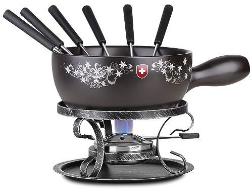 Artestia 2.11-Quart Swiss Design Ceramic Fondue Pot Set for Cheese, Chocolate Melting Pot with 6 Fondue Forks and Swiss Vintage Pattern, Perfect for 6 People, 10 Piece (AR-83008)