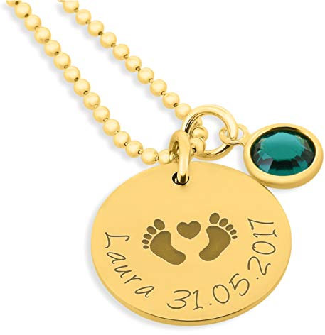 Namenskette zur Geburt gold 925 Silber Schmuck Gravur Mutter Geburt Babyfüße Kette mit Namen Geburtsstein Geschenkidee Mama Halskette