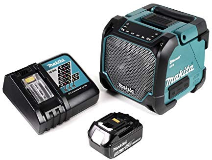 Makita DMR 202 RT1 Baustellen Lautsprecher 18V - für Akku- und Netzbetrieb, mit Bluetooth-Funktion, AUX-Anschluss, USB-Port, LCD Display + 1x Akku 5,0 Ah, Ladegerät 18V
