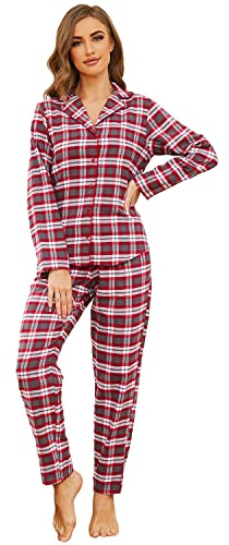 Mnemo Home Damen Schlafanzug Lang Flanell Pyjama Damen 100% Baumwolle aus Flanell