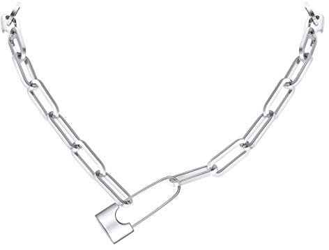 FindChic Damen Schlolss Choker Halskette Edelstahl Gliederkette mit Schloss Anhänger 40cm lang Kürz Choker Halskette mit Geschenkebox für Damen Mädchen