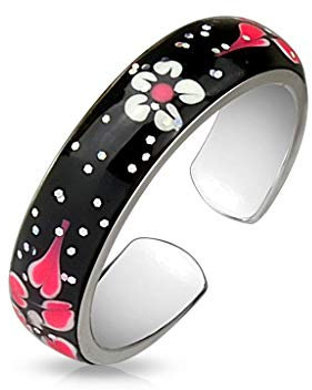 Paula & Fritz® Ring Damen Verstellbar gemalte Blumen Pink Silber-Schwarz 316L Chirurgenstahl Zehenring Mittelring Freundschaftsring Einstellbarer-Ring