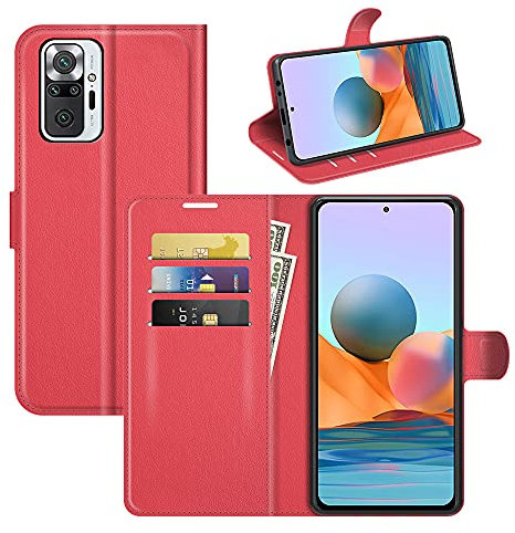 Fertuo Coque pour Xiaomi Redmi Note 10 Pro, Antichoc Portefeuille Étui Housse en Cuir à Rabat Flip Cover Case avec Porte Carte, Boucle Magnétique pour Xiaomi Redmi Note 10 Pro, Rouge