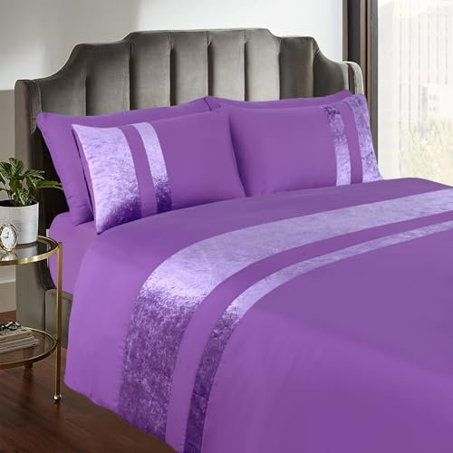 Casabella Luxury Crushed Velvet Panel Band Duvet Cover Sets with Pillow Case Single Duvet Cover Bedding Set – Purple Crush Velvet Single Duvet Cover Sets