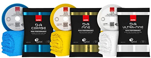 Polierpad Set: Rupes Bigfoot Polierschwamm für 75mm Stützteller - D-A Coarse + Fine + Ultrafine Ø80-100mm blau/gelb/weiß (3 STK.) + ChemicalWorkz Premium Poliertuch 500GSM | 6-teilig