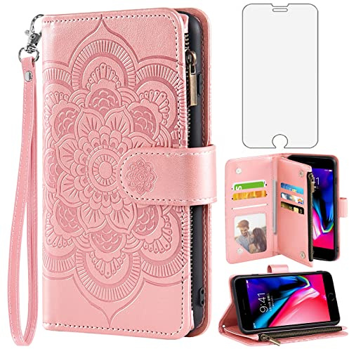 Asuwish Handyhülle für iPhone 7 Plus/8 Plus Hülle mit Folie Schutzfolie Kartenfach Klappbar Leder Blumen Geldbörse Ständer i 7Plus 8Plus + 7+ 8+ Handy Hüllen Schutzhülle Wallet Phone Case Roségold