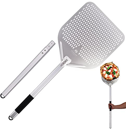 The Italian Kitchen Pizzaschaufel mit verlängertem verstellbarem Griff, 33 cm, perforiert, 116,1 cm oder 75,4 cm Länge, professionelles Pizzaschieber aus Metall