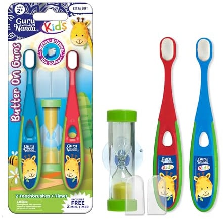GuruNanda Butter on Gums Lot de 2 brosses à dents pour tout-petits avec sablier et poils extra doux pour enfants à partir de 2 ans Brosse à dents avec nettoyeur de langue et capuchon de brosse
