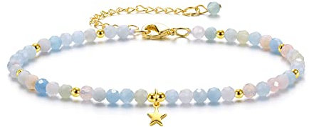 JSDDE Damen Perlenarmband mit Kleine Stern Anhänger facettierte Perlen Glücksarmband Freundschaftsarmband Naturstein Armband Geschenk für Weihnachten Muttertag Geburtstag (Aquamarin)