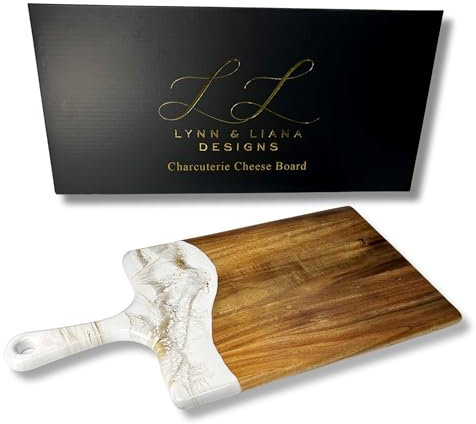 Lynn & Liana Grande planche à fromage en acacia | Planche à découper en résine et bois | Planche à charcuterie de luxe pour servir | Planche à découper faite à la main | 25,4 x 50,8 cm – Quartz doré