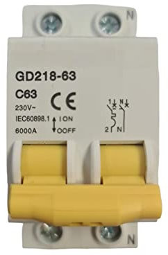 VIDOELETTRONICA® Interrupteur magnétothermique série GD218-63 (bipolaire 2 modules 1P+N, 230Vac-63A) (63 a)
