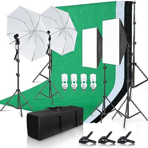 Camnoon Kit fotografico per studio fotografico Softbox con lampadine a LED da 45 W, softbox da 50 x 70 cm, ombrello fotografico bianco da 33 pollici, presa E27, supporti per luce da 2 m, 3 sfondi