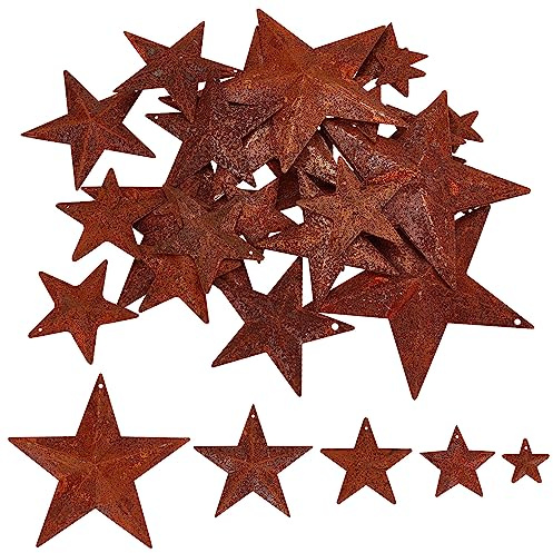 GORGECRAFT 30Stk 5 Größen Rostiger Scheunenstern Aus Metall Dekohänger Sterne 1/1.5/2/ 2.4/3.75 Zoll Antike Rustikale Mini-Hängestern Weihnachtsstern Fensterdeko Für Heimwerker Wanddekoration
