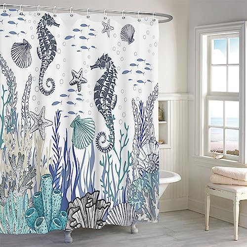MIRRORANG Seepferdchen-Duschvorhang, Duschvorhang nautische Küste Koralle und Muschel, Duschvorhang Thema Ozean und Unterwasserwelt mit 12 Haken,183x183cm