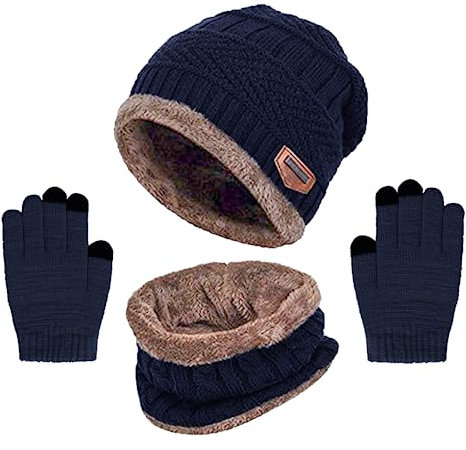 Kinder Wintermütze Schal Handschuhe, Warme Winter Strickmütze Bommel Beanie Weich Dicken Fleece Futter Schlauchschal Winterhandschuhe Hut 3 Stück Set für Mädchen Jungen Kleinkind 3-8 Jahre Marine