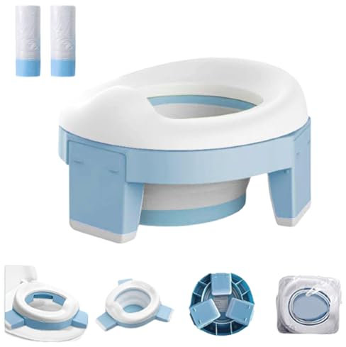 Toilettensitz Kinder Töpfchen für Unterwegs Reise und Innen 3 in 1 Tragbare Faltbare Reisetöpfchen Baby Potty Training Sitze mit Reisetasche und Einweg Liner Müllsäcke (Blue)