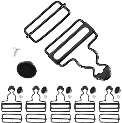 PEUTIER 6 Sets Metal Overall Buckles, 1-1/2 Overall Clips Replacement Dungaree Fastener with Adjustable Slide Buckle and Buttons Gourd Buckle Bib Overall Strap Hooks for DIY Sewing (Black)
