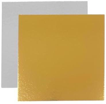 Base de Tarta Cuadrada 20x20 cm | Pack de 10 Oro - Plata | Grosor 1 mm | Expositor en Cartón para Bizcochos, Pasteles y Dulces | Plateado y Dorado