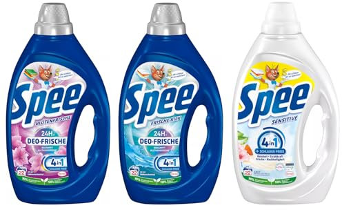 SPEE Gel-Set 3x 22 Waschladungen (66WL) 1x Deo-Frische Blütenfrische & 1x Deo-Frische Frische-Kick & 1x Sensitive, Waschmittel mit 4 + 1 Formel, für Temperaturen ab 20° C