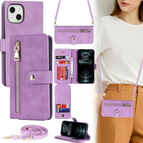 ELTEKER Mobile Phone Case for iPhone 13 Mini Case with Strap, Flip Case with Adjustable Neck Strap, Card Slot, Zip Pocket, Light Purple