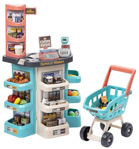 Baroni Toys Supermercato Gicattolo Interattivo con Cassa, Carrello della Spesa e Scanner Elettronico, Giocattolo Educativo in Plastica con 47 Accessori e Funzioni Realistiche